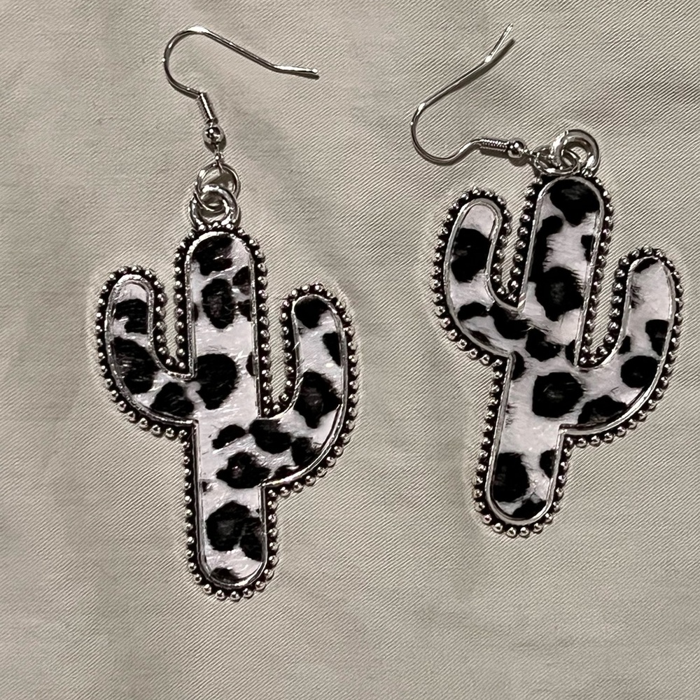 Black cow print cactus boutique earrings